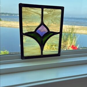 Elegant Art Glass Panel with Purple and Green Accents